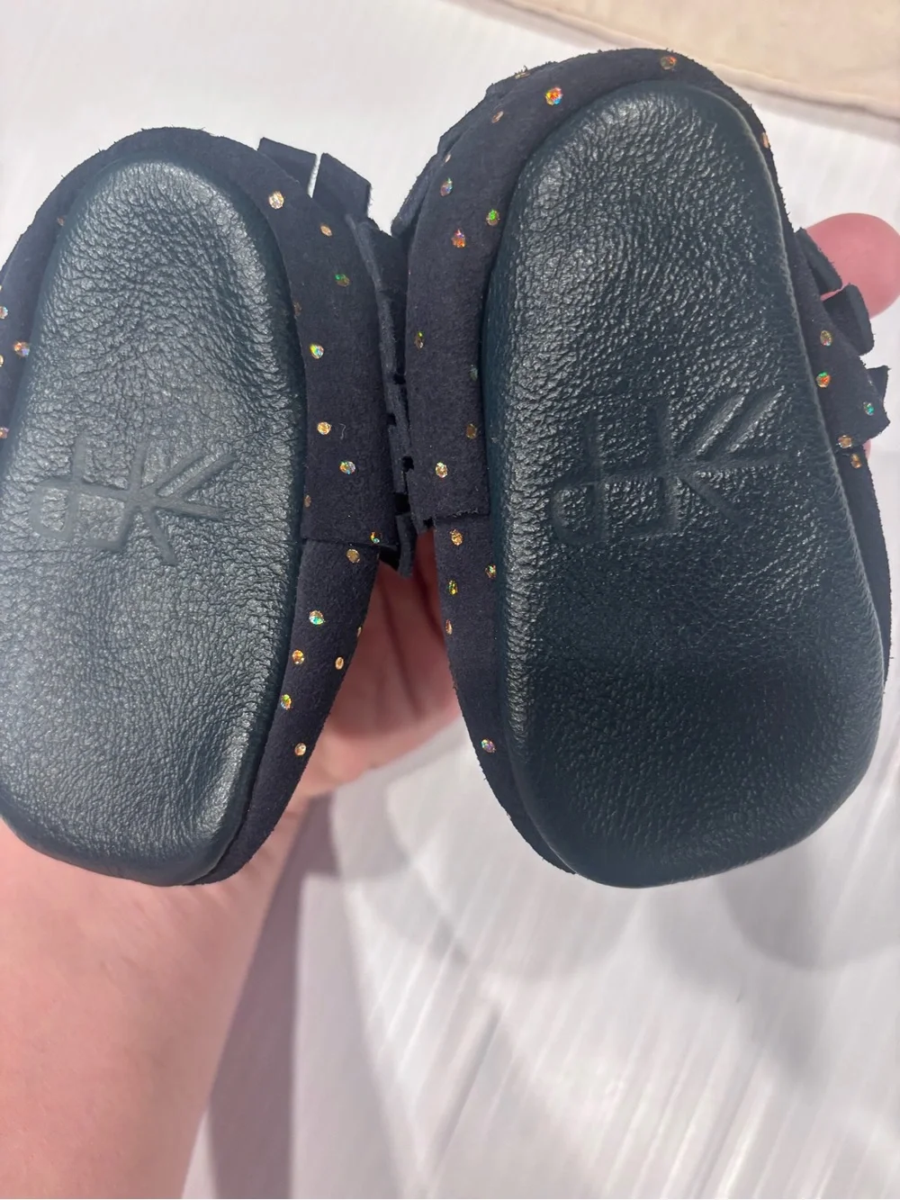 Freshly Picked Navy Moccasin Booties with Iridescent Studs